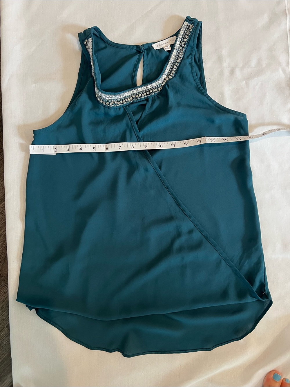 Socialite Teal Embellished Keyhole Surplice Blouse - Picture 5 of 5